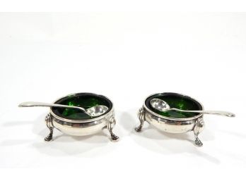Pair Antique Sterling Silver 'Industria Argentina' Open Salt Cellars With Glass Inserts