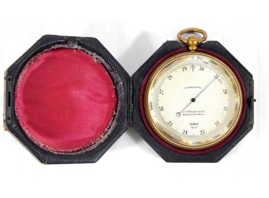 Antique J.c. Freeman & Co Pocket Compensated Altimeter Barometer With Box