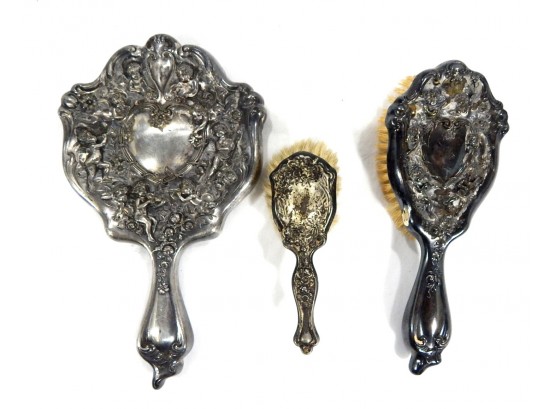 Vintage Silver Repousse Vanity Set Brush Mirror