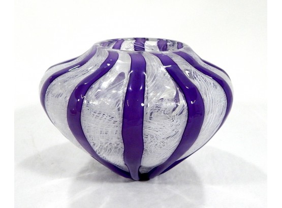 Vintage Art Glass Vase Latticino Design Signed