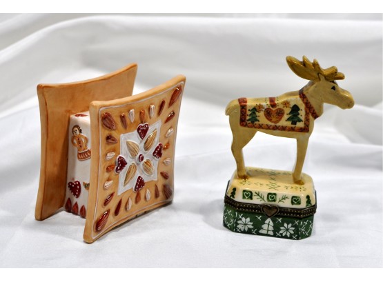 Vintage Villroy& Boch Porcelain Moose Hinged Trinket Box & Candle Holder