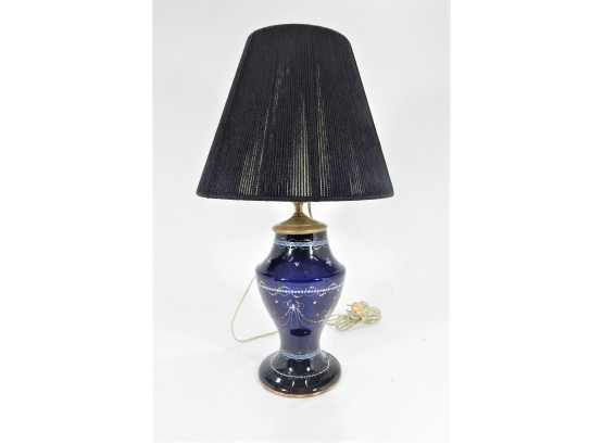 Blue Glass Table Lamp With Hand Painted Flowers