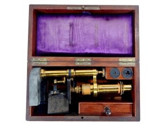 Antique Brass Microscope Set In Wooden Box