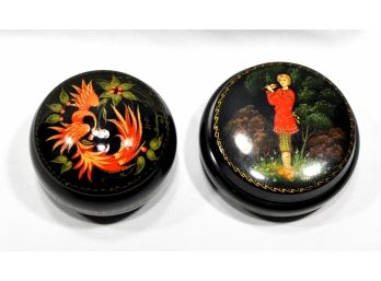 Lot 2 Vintage Russian USSR Lacquered Hand Painted Trinket Boxes