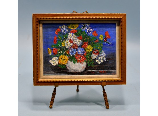 Vintage Flower Still Life Oil Painting With Brass Stand Signed