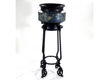 Antique Champlevé Chinese Planter With Wrought Iron Stand