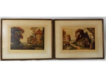 Pair Antique Colored Etchings Pencil Signed