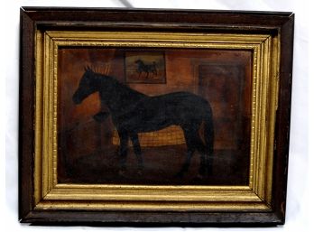 Antique A. M. SMITH Primitive Folk Art Horse In Interior Oil Painting