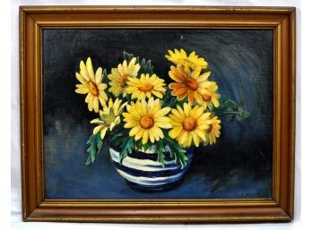 Vintage Still Life Yellow Flowers Oil Painting Signed