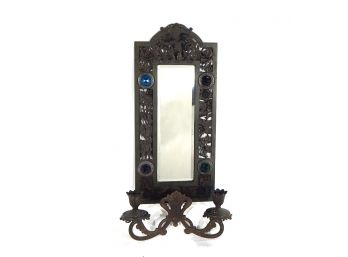 Antique 19th Century Brass Jeweled Mirrored Sconce