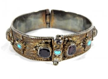 Vintage Oriental Silver Cuff Bracelet With Stones