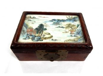 Vintage Chinese Wood & Porcelain Hand Painted Trinket Box