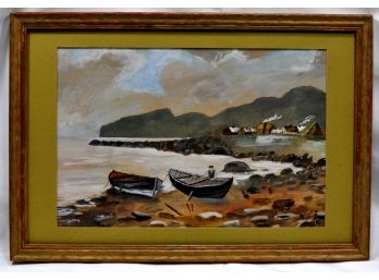 Vintage Fishermen's Village Gouache Watercolor Painting Signed