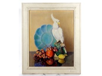 Original Hazel BROOKS White Cockatoo & Fruit Still Life Oil Painting