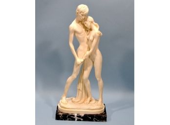 Original Vintage R. SANTINI Figurine Nude Boy & Girl On Marble Base