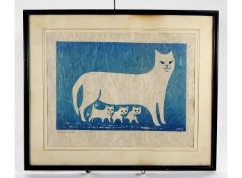 Vintage STELL Woodblock Print Of Cats 'proud Mother'