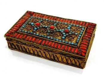 Antique Oriental Trinket Brass Box With Stones