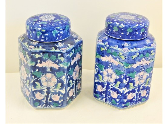 Two Large Porcelain Blue & Pink Ginger Jars