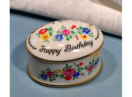 Small Vintage STAFFORDSHIRE England Trinket Box 'Wishing You A Very Happy Birthday'