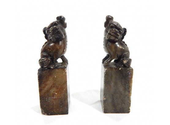 Pair Antique Chinese Soft Stone Chop Seal Carved Foo Dogs