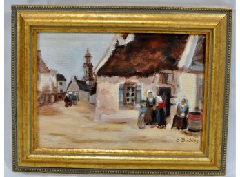 Small Vintage Impressionist Oil Painting Village Scene-signed