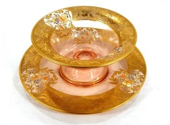 Vintage Pink Depression Glass Gold Overlay Dessert Set
