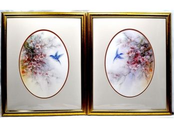Pair Beautiful Oriental Hand Signed Limited Edition Blue Bird Prints