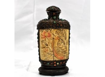 Large Antique Oriental Brass & Ivory Snuff Bottle