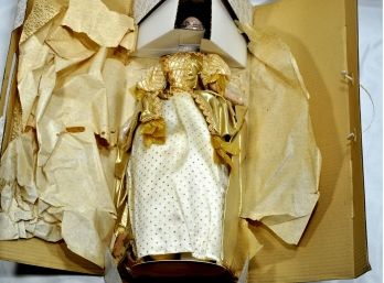 Vintage NEW Franklin Heirloom Porcelain Doll Gold Dress -original Box