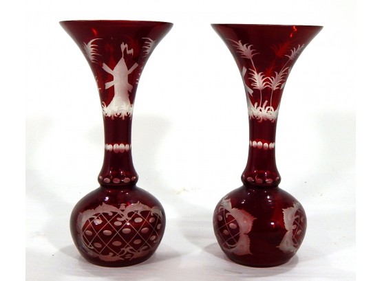 Pair Vintage Czech Cranberry Glass Vases