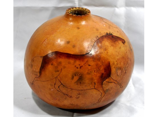 Vintage MERRILL Gourd Pyrography Art Vase  Horses Signed