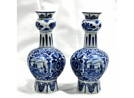 Antique Pair Delft Blue White Vases Dutch Lump Style Early 1900s