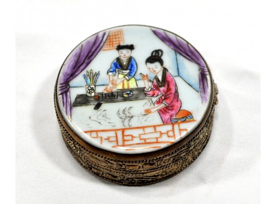 Small Antique Chinese Trinket Box Silver Porcelain Top- Girls In Art Studio