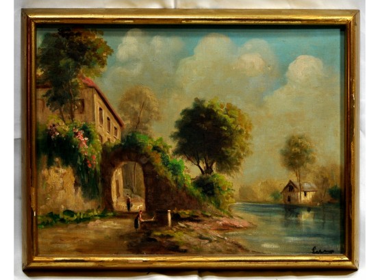 Antique Oil European Villa Landscape Painting Signed