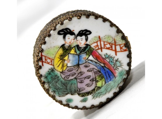 Small Antique Chinese Trinket Box Silver Porcelain Top- Lovers