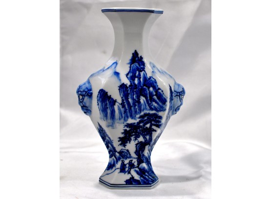 Antique Blue & White Oriental Vase With Faces On Sides