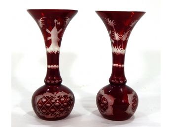 Pair Vintage Czech Cranberry Glass Vases