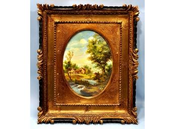Beautiful Vintage Oil Painting Oval Landscape Signed