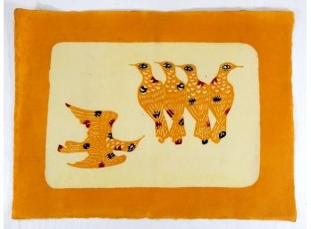 Antique Oriental Woodblock On Rice Paper 'Yellow Birds'