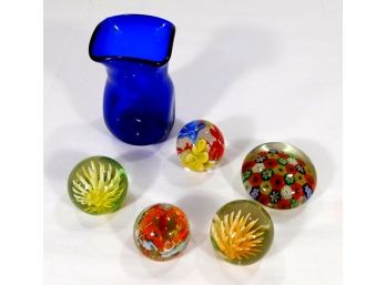 Lot Blue Glass Vase & Flower Paperweights