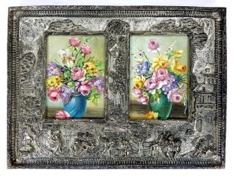 Vintage Floral Still Life Oil Paintings Exquisite BARBOUR Silver Plated Figural Frame