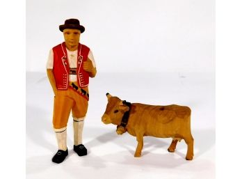Vintage Hand Carved Wood Figurines Man & Cow