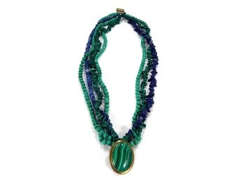 Vintage Multi Strung Stone Bead Necklace Malachite Lapis