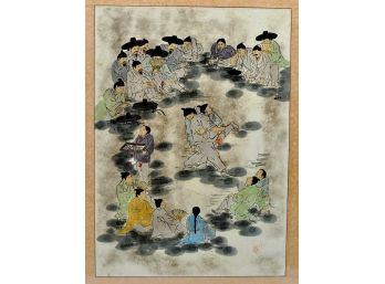 Antique Marked Oriental Painting ' Wrestling' Framed
