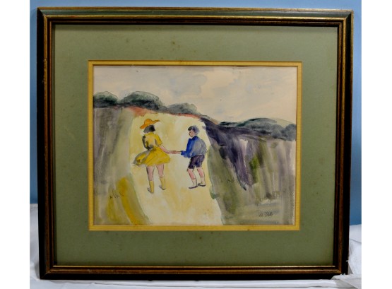 Vintage Original M. MILLS Modernist Watercolor 'Boy And Girl'