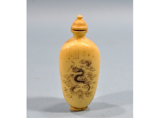 Antique Chinese Figural Carved Snuff Bottle, Dragon & Inscriptions