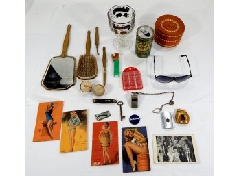 Vintage Estate Lot Miscellaneous Things: Lighters, Sunglasses, Knife, Vanity Set Etc.