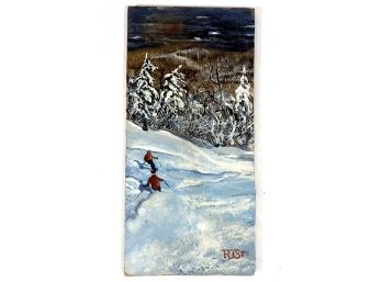 Vintage Winter Skiing  Oil Painting On Board Signed
