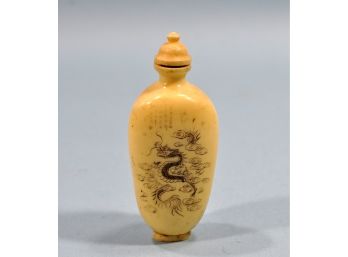 Antique Chinese Figural Carved Snuff Bottle, Dragon & Inscriptions