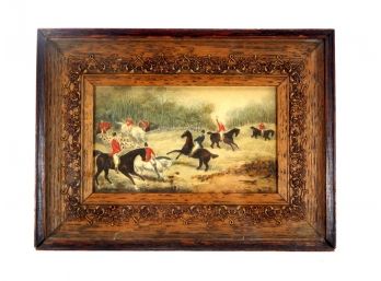 Antique 19th Century English Fox Hunt  Print Oak Frame